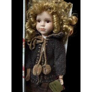The Broadway Collection Porcelain Doll Blonde Curly Hair Brown Plaid Outfit